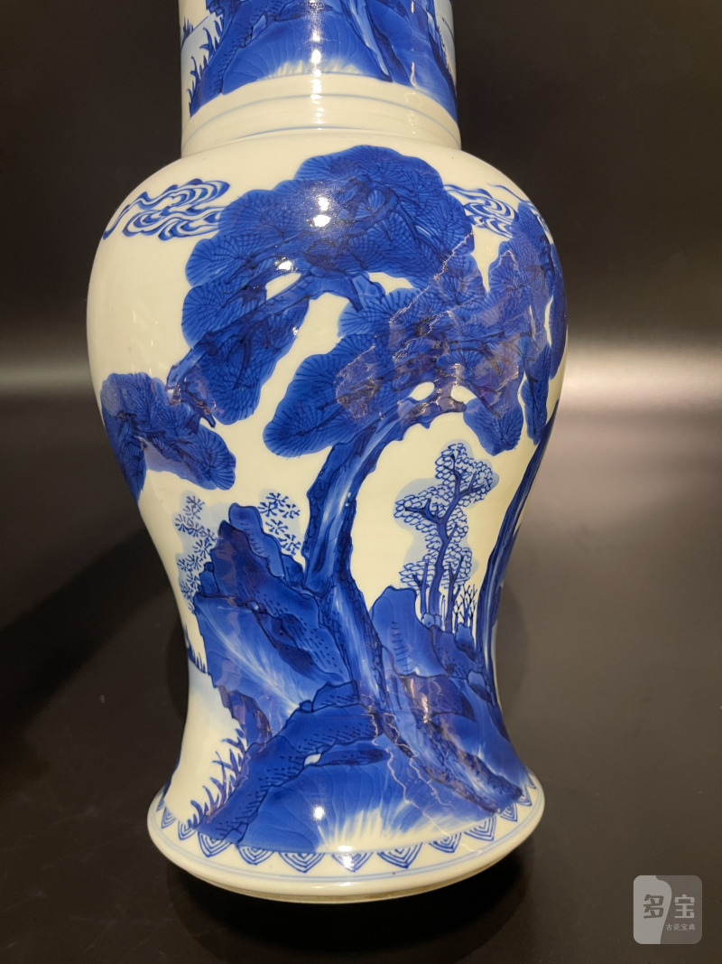 清康熙 青花山水鹤鹿同春凤尾尊 - 图12